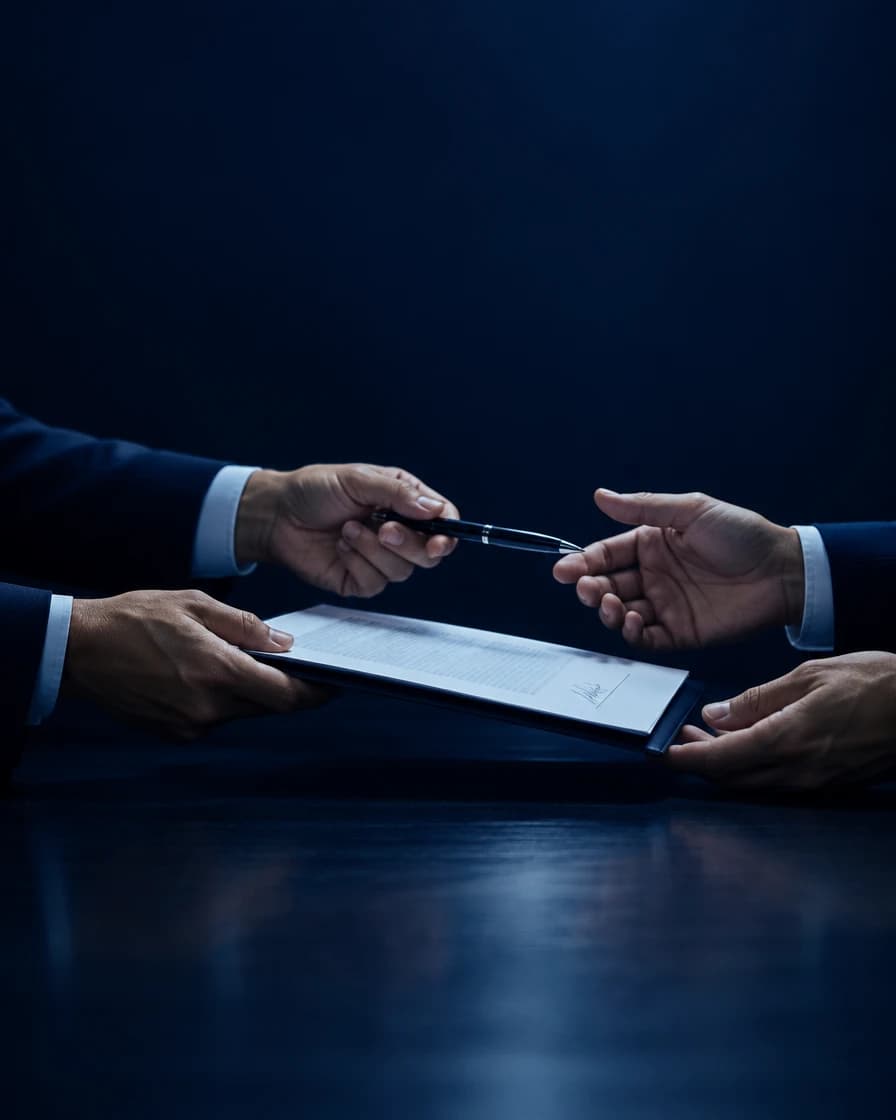 A signed contract and a pen passed across a table